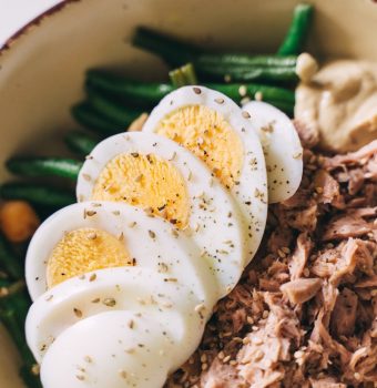 Hard Boiled Eggs with Tuna and Bean Salad in Bowl