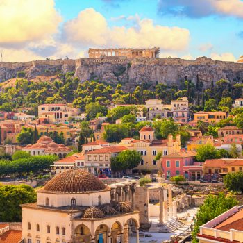 Skyline of Athens with Monastiraki square and Acropolis hill during sunset. Athens, Greece